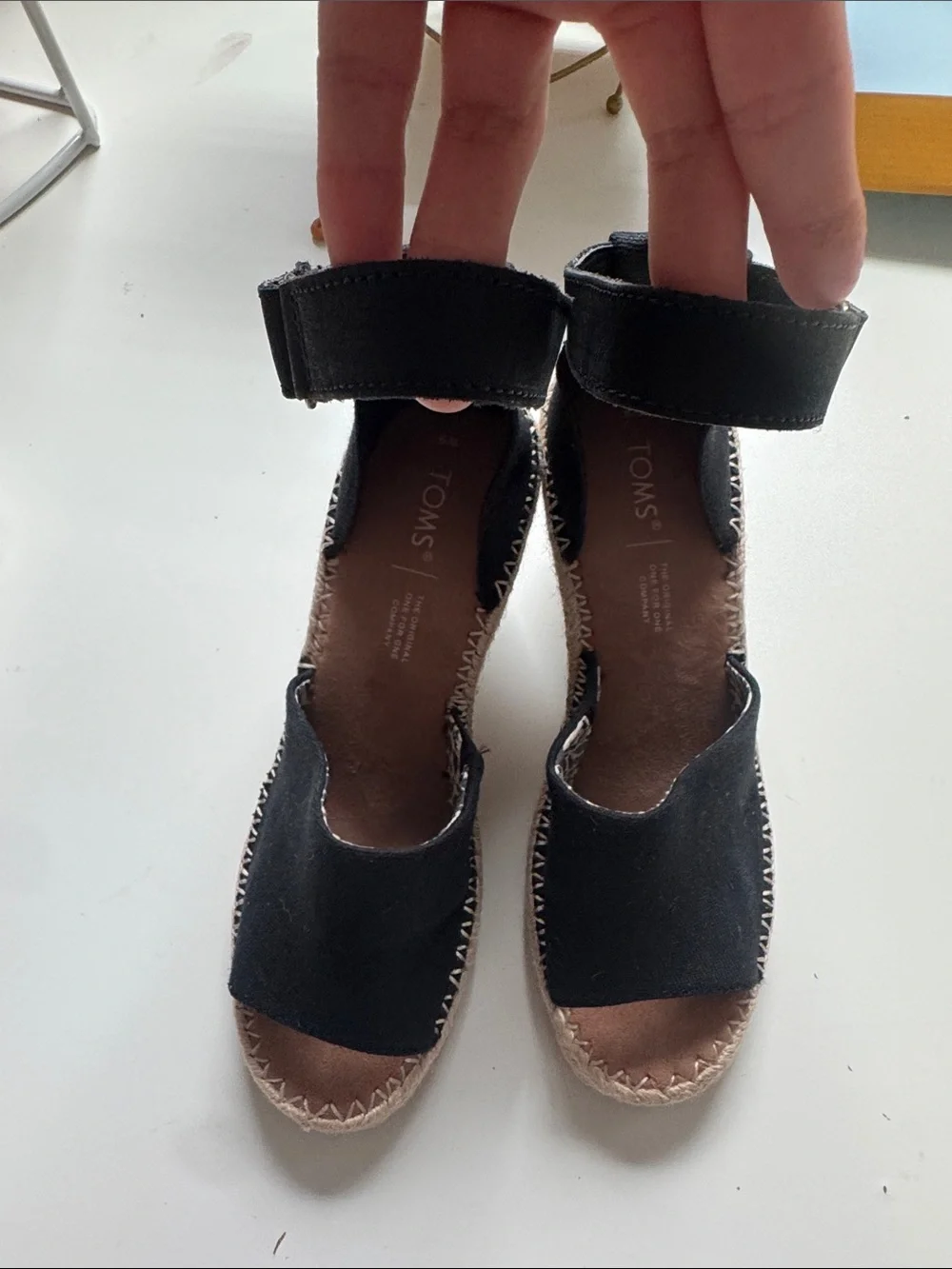 Toms Black Canvas Espadrille Wedge Sandals with Ankle Strap